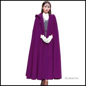 Wool Blend Hooded Cape Cloak Windproof Poncho Maxi Coat